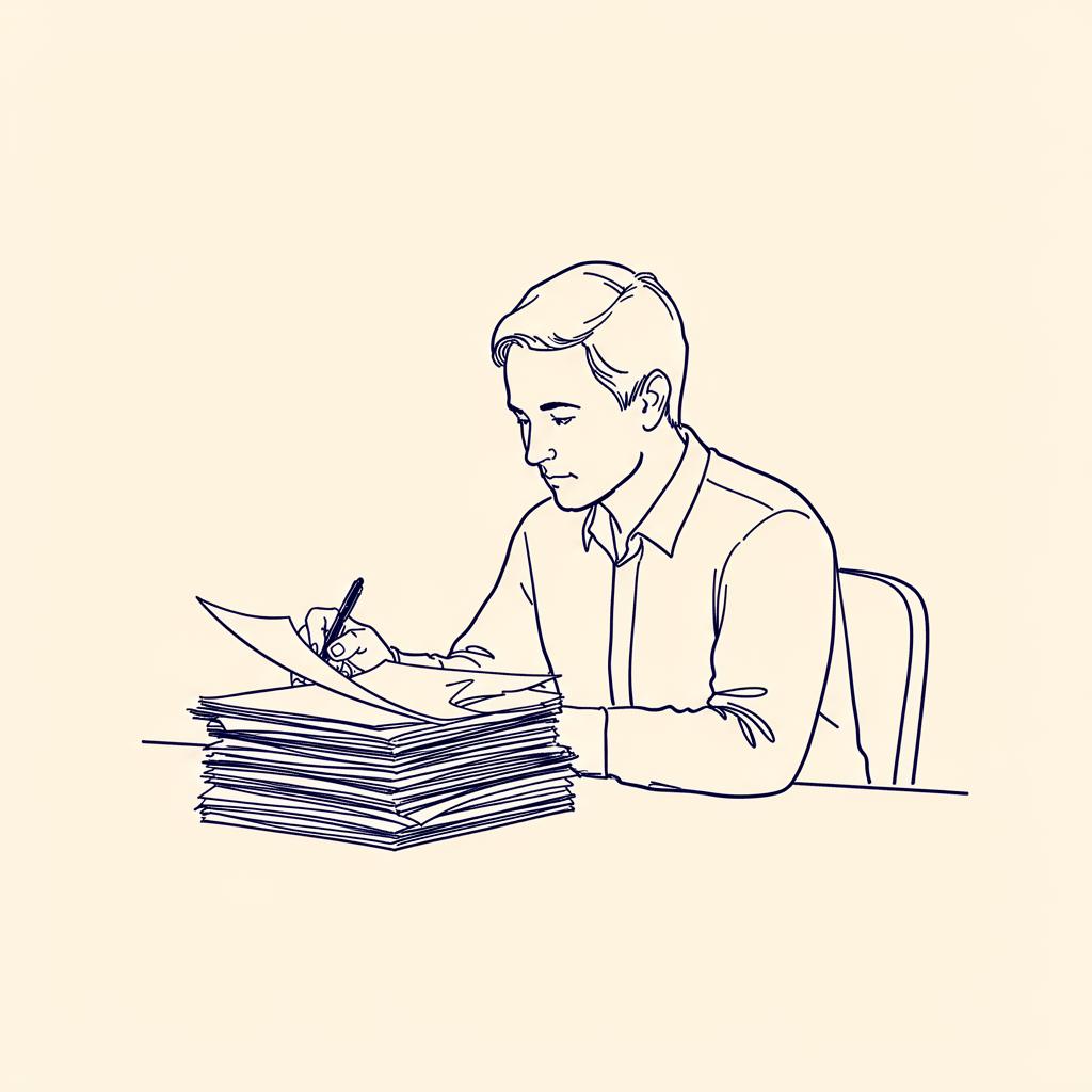 Line illustration of a person at a desk reviewing a stack of filing papers